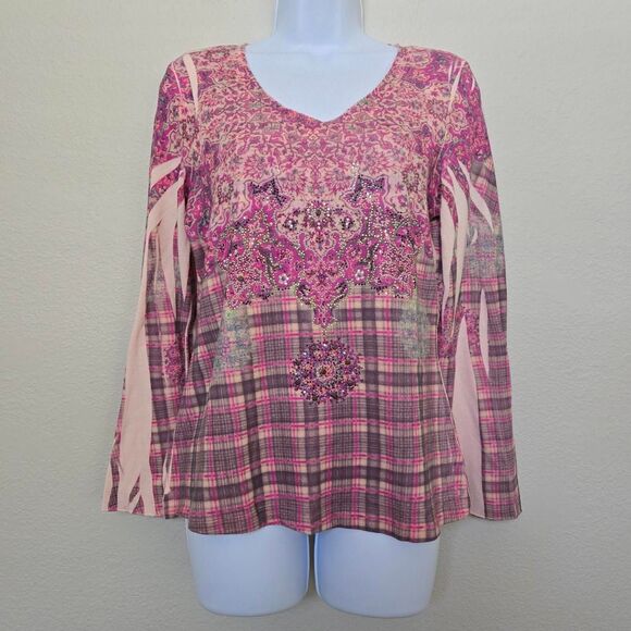 Bleu Vintage Pink paisley boho embelished Knit top with bell sleeves - Picture 1 of 9